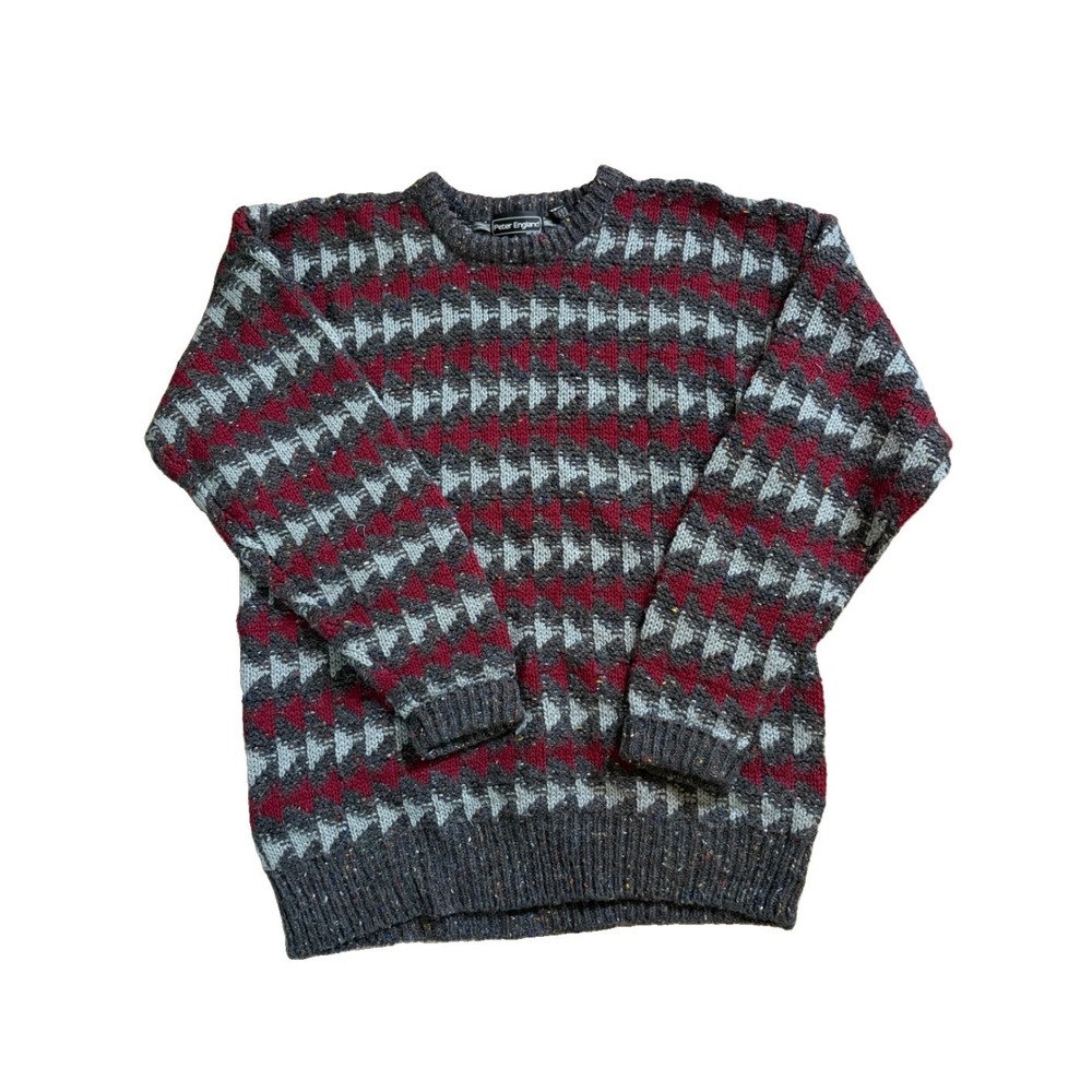 Vintage 90s Peter England Sweater Wool Blend Men L Geometric Knit Gray Red Dad